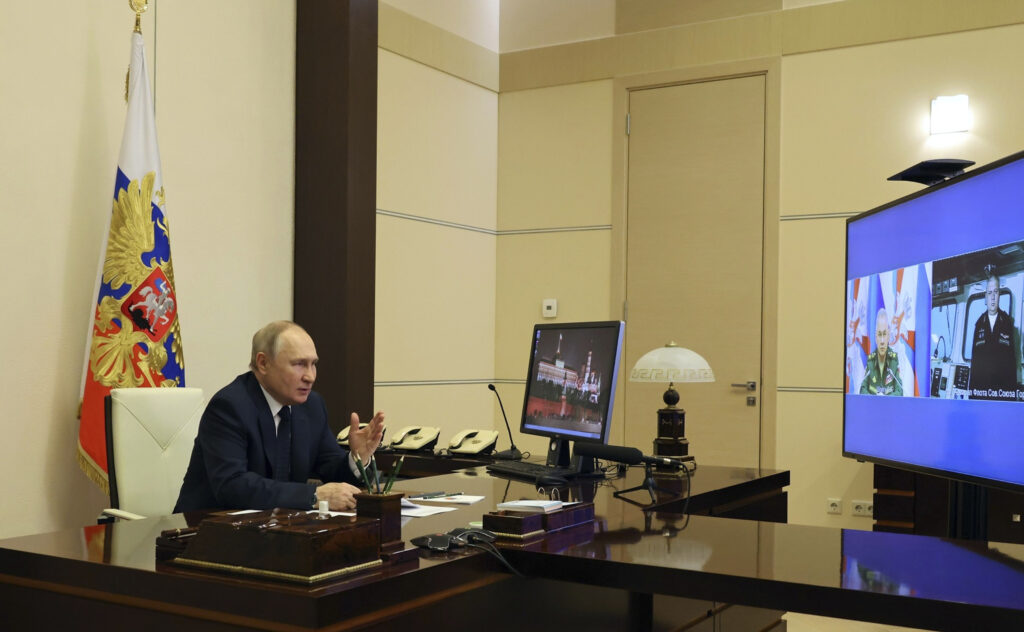 russian president putin video conference launch of the warship admiral gorshkov