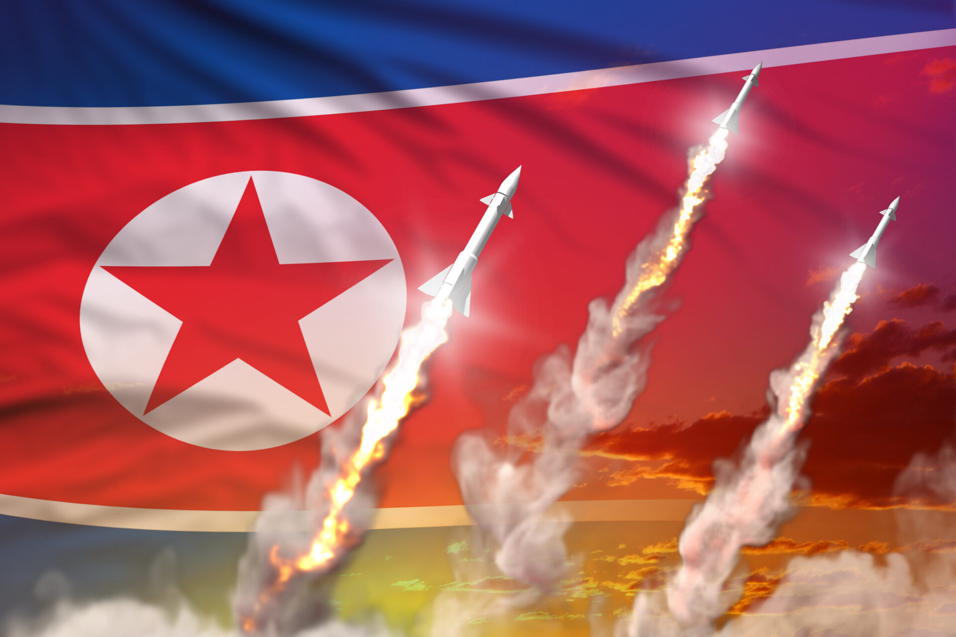 modern,strategic,rocket,forces,concept,on,sunset,background,,north,korea